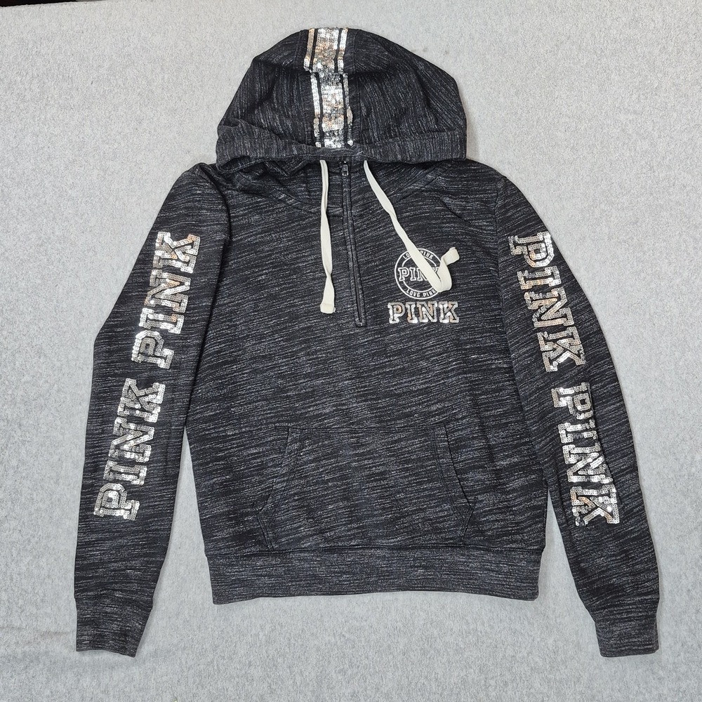 PINK Victoria's Secret Women Hoodie S Black‎ Logo Spellout Sequin Bling